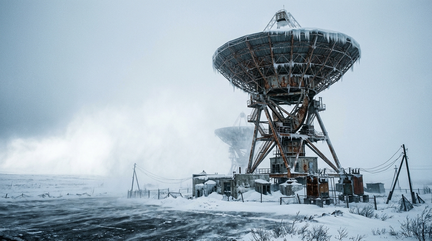 A remote communications dish standing in a snowstorm, searching the pale horizon