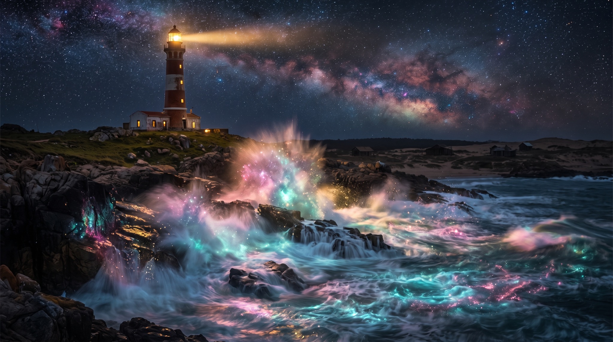 A lighthouse casting a warm beam over a rocky coast and luminous night sea